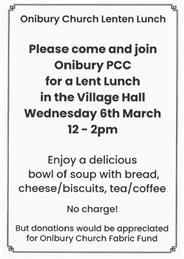 Onibury Church Lent Lunch Wednesday 6th March 2023